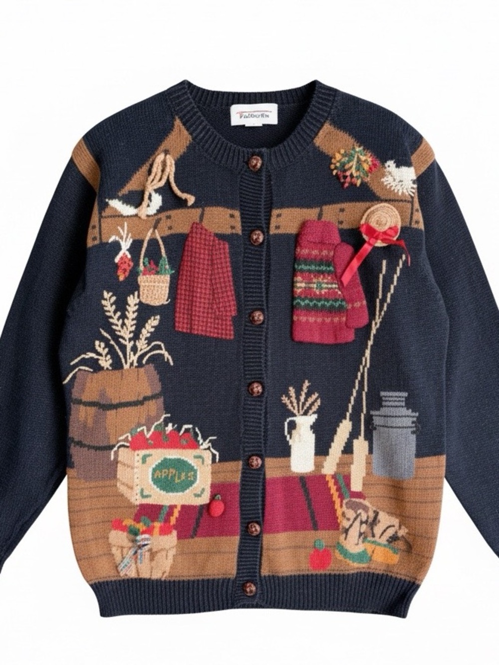 Vintage Talbots Knit Cardigan Sweater with Harvest Motif Apple Picking Fall L